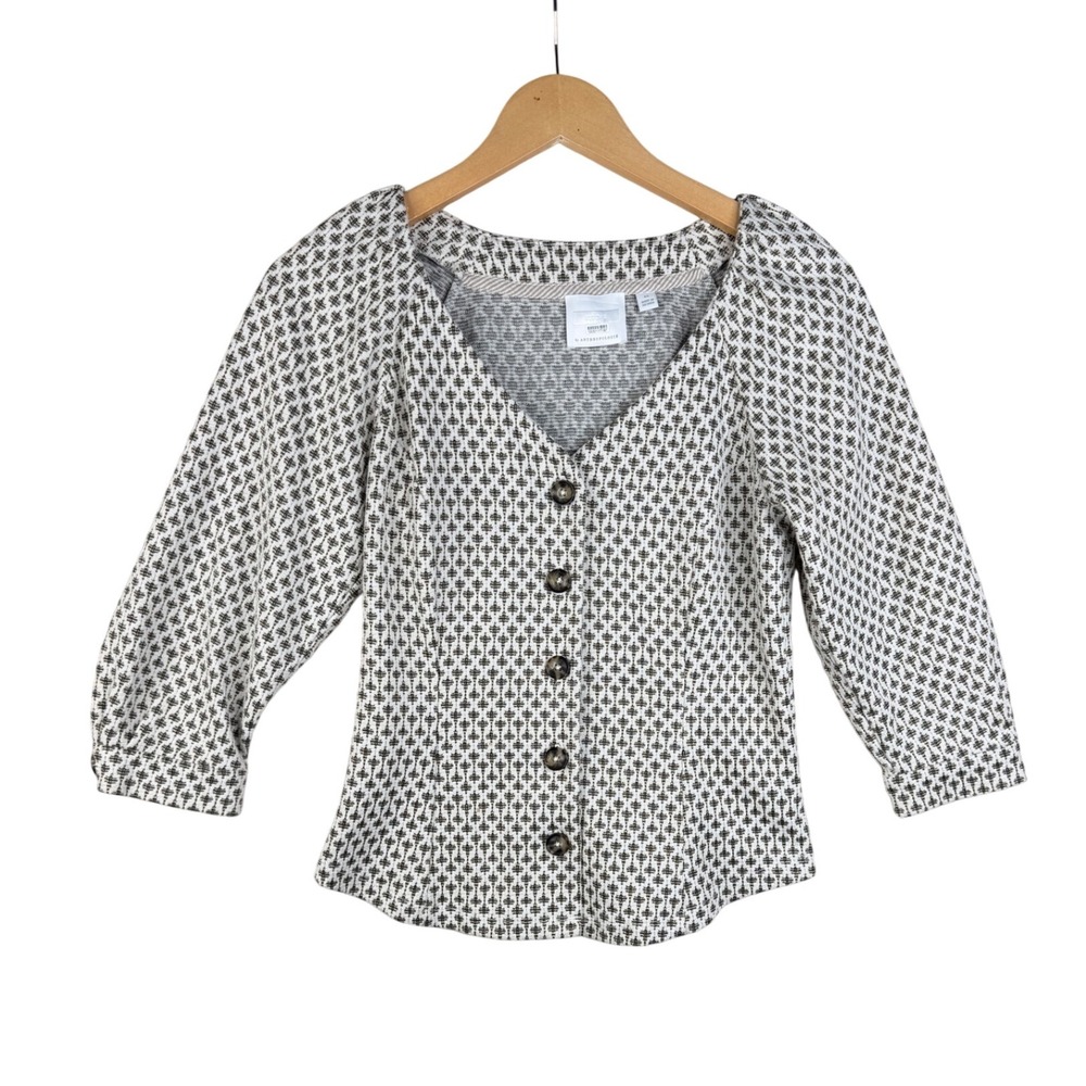 Anthropologie‎ Ett:Twa Coralie Geometric Print Button Down size XS Ivory/Green